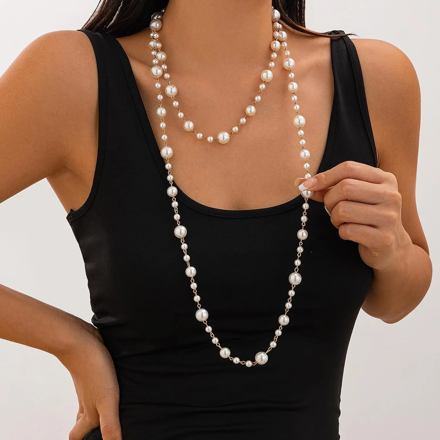 Long Pearl Necklaces for Women Elegant Lariat Gold Pearls Necklace Layered Pearl Long Chain Necklace for Daily Wear Special Occasions
