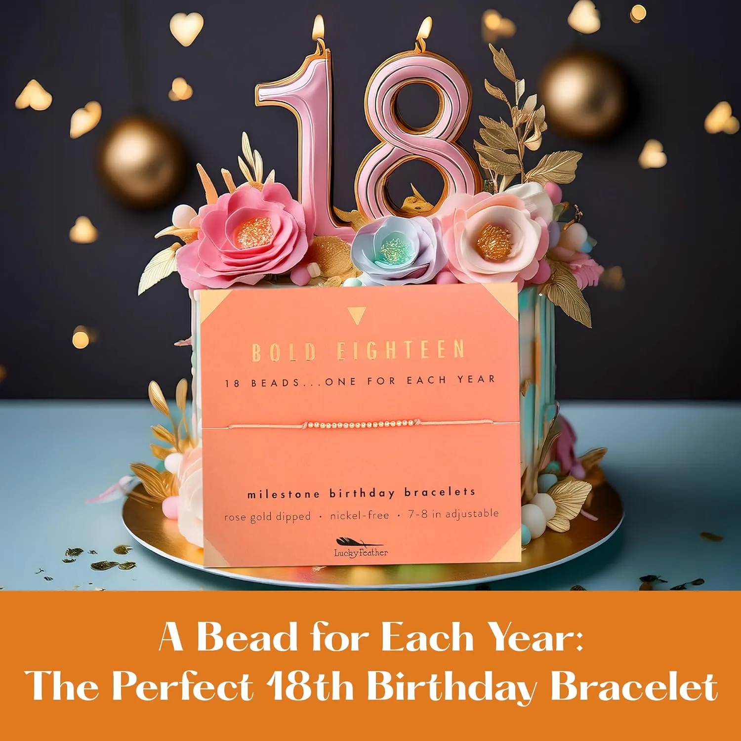 Lucky Feather Milestone 18th Birthday Gifts For Women - 14K Gold Dipped Beads Bracelet on Adjustable 7- 8 Cord - Bold 18 Year Old Gifts