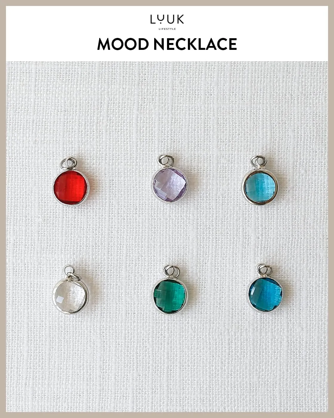 LUUK LIFESTYLE Stainless steel necklaces with colored glass crystal pendant, HAPPINESS card, women's jewelry, minimalist design, gift idea, Valentines Day, gold & silver