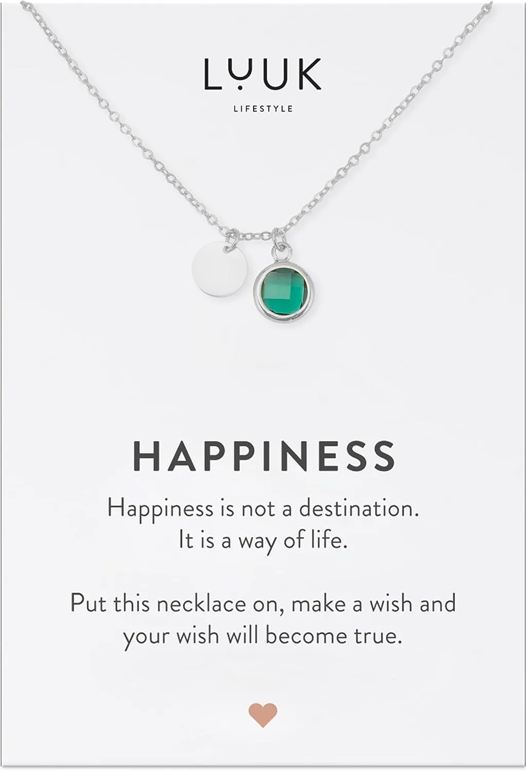 LUUK LIFESTYLE Stainless steel necklaces with colored glass crystal pendant, HAPPINESS card, women's jewelry, minimalist design, gift idea, Valentines Day, gold & silver