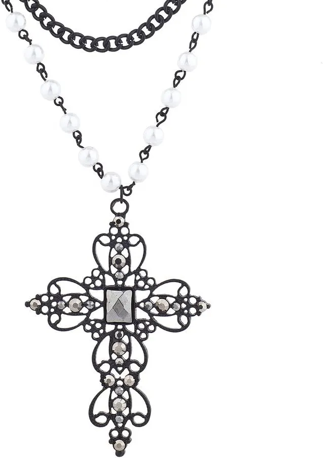 LUX ACCESSORIES Rosary Elegant Fancy Beaded Cross Necklace