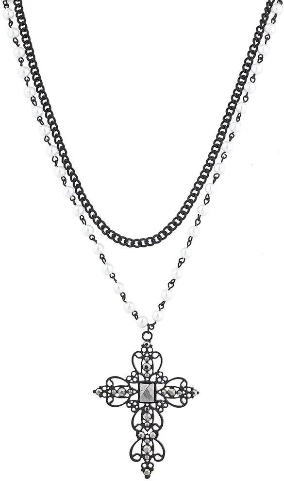 LUX ACCESSORIES Rosary Elegant Fancy Beaded Cross Necklace