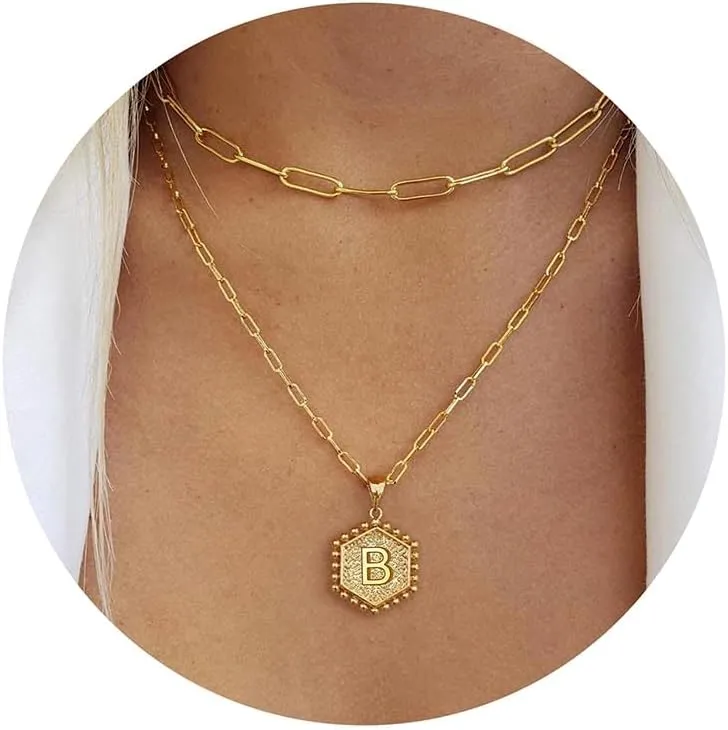 M MOOHAM Dainty Gold Necklace for Women - 18K Gold Plated Initial Necklaces for Women Trendy | Personalized Cute Initial Necklace | Layered Gold Jewelry for Women