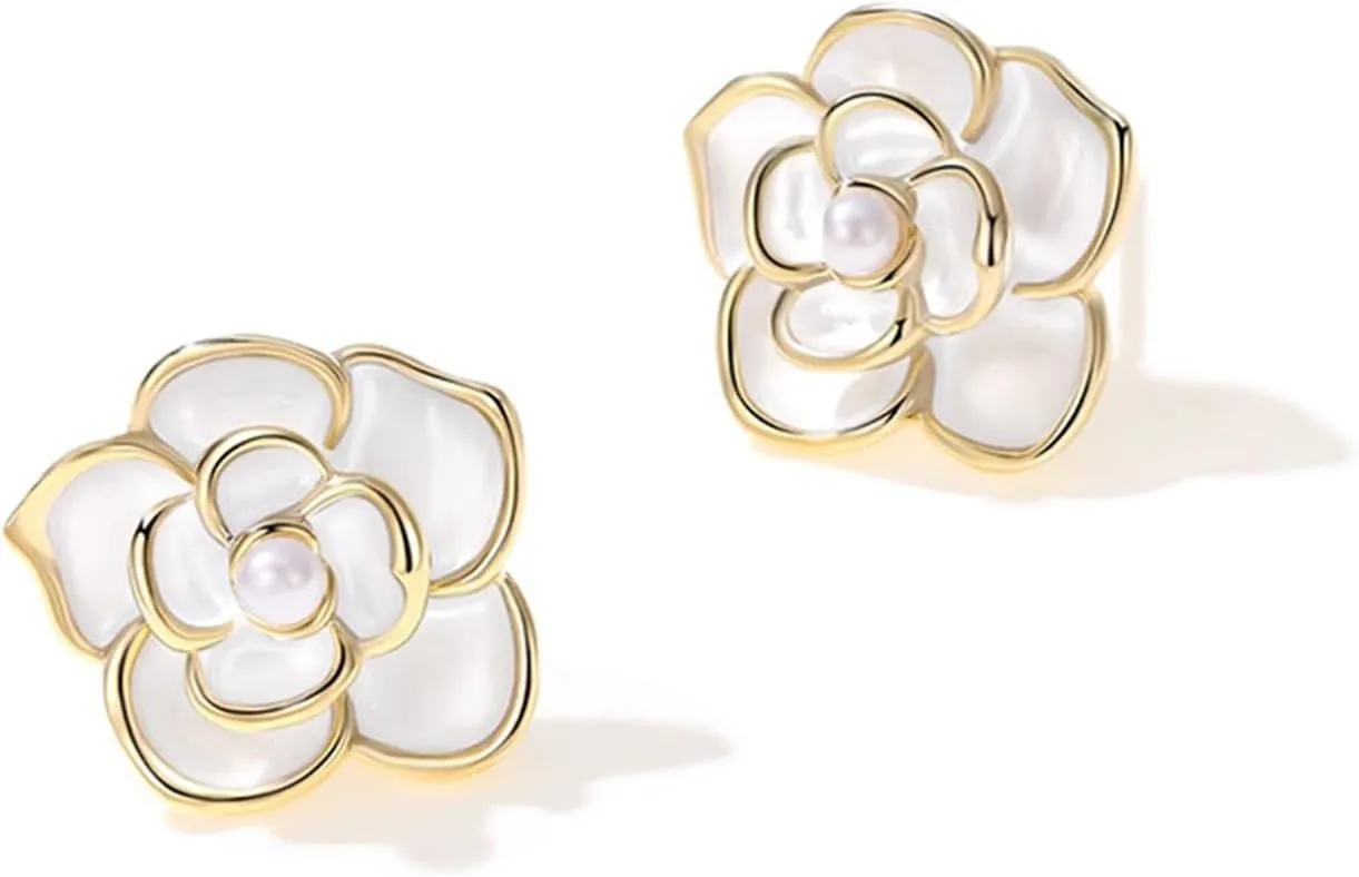 MALOYANVE Gold Flower Earrings for Women Shiny Trend 3D Lifelike Pearl White Camellia Floral Statement Stud Earrings Fashion Jewelry Gifts