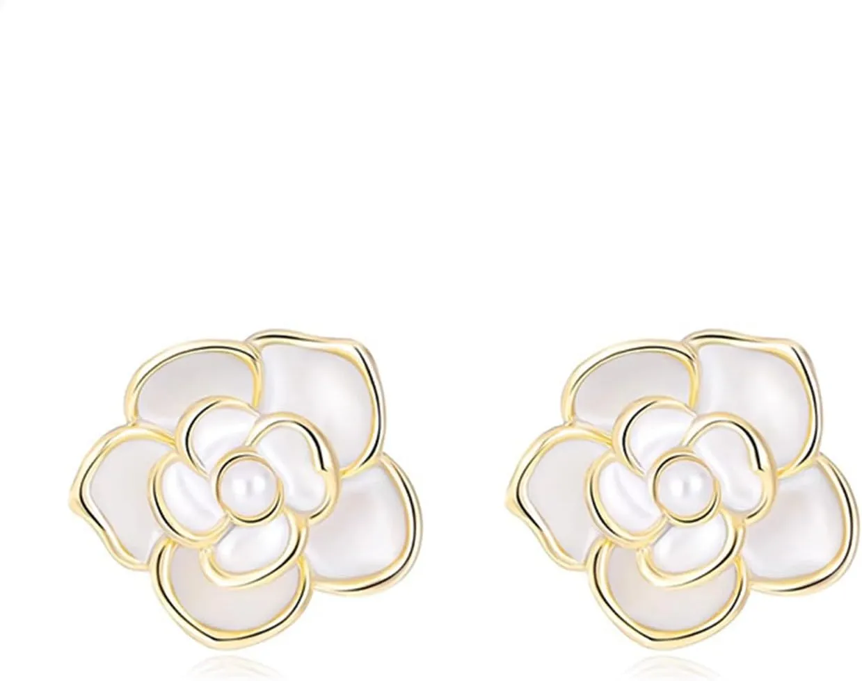 MALOYANVE Gold Flower Earrings for Women Shiny Trend 3D Lifelike Pearl White Camellia Floral Statement Stud Earrings Fashion Jewelry Gifts