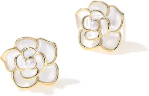 MALOYANVE Gold Flower Earrings for Women Shiny Trend 3D Lifelike Pearl White Camellia Floral Statement Stud Earrings Fashion Jewelry Gifts
