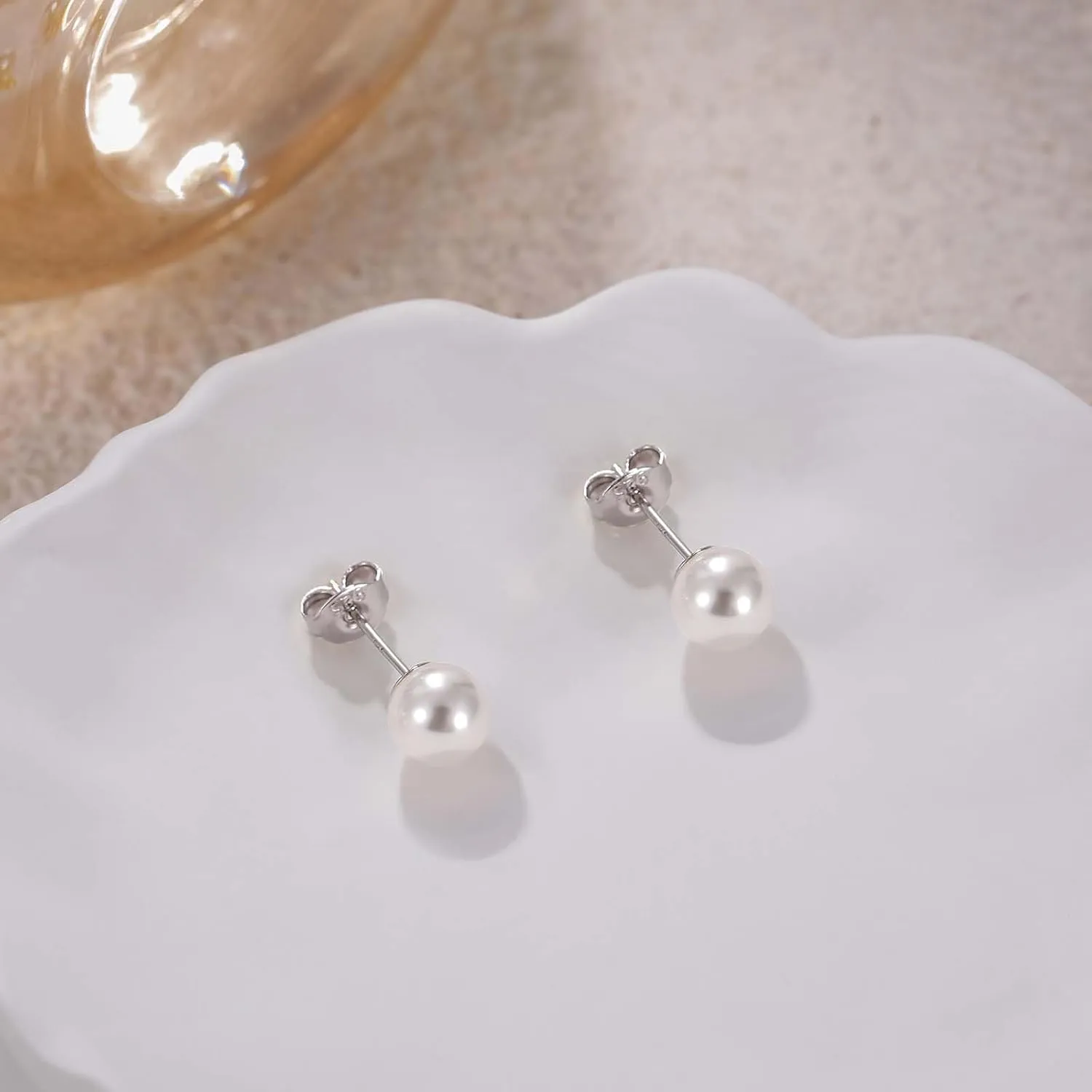 Mameloly Pearl Earrings for Women Dainty 925 Sterling Silver 14K Gold Plated 6MM/8MM/10MM/12MM Handpicked Simulated White Pearl Stud Earrings Hypoallergenic