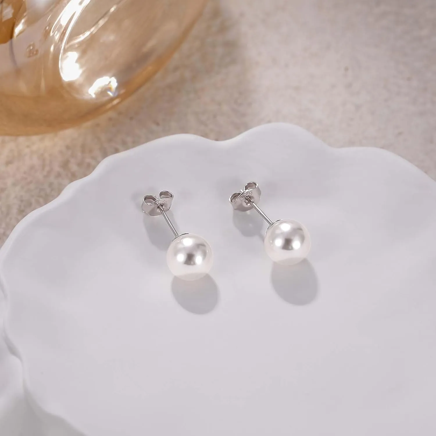 Mameloly Pearl Earrings for Women Dainty 925 Sterling Silver 14K Gold Plated 6MM/8MM/10MM/12MM Handpicked Simulated White Pearl Stud Earrings Hypoallergenic