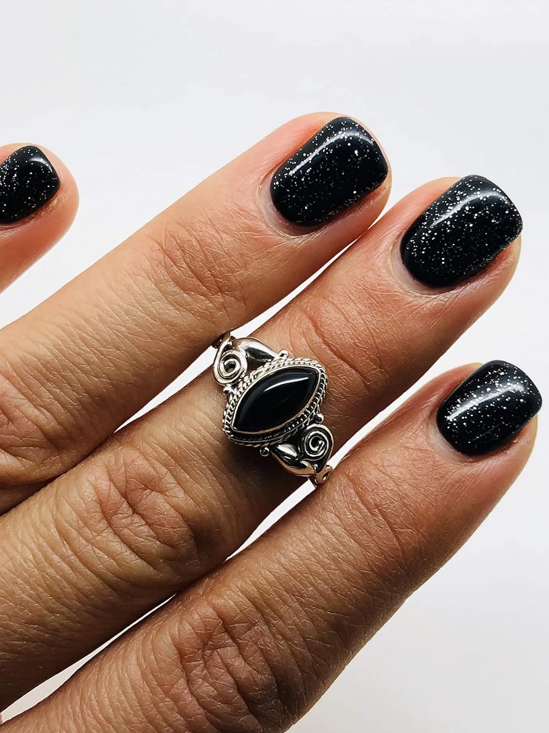 Marquise Black Onyx Spiral Side Ring- 925 Sterling Silver - Ethnic Boho Chic Hand Made Jewelry - Fashionable And Stylish For Women -Us Size 5-9