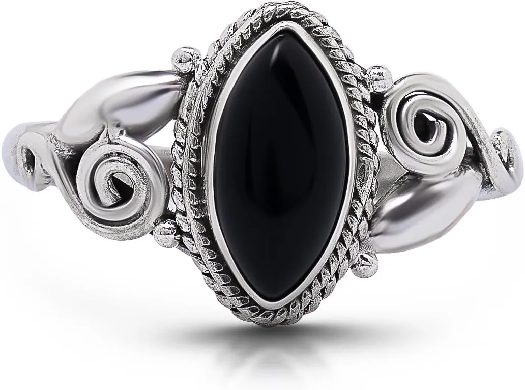 Marquise Black Onyx Spiral Side Ring- 925 Sterling Silver - Ethnic Boho Chic Hand Made Jewelry - Fashionable And Stylish For Women -Us Size 5-9