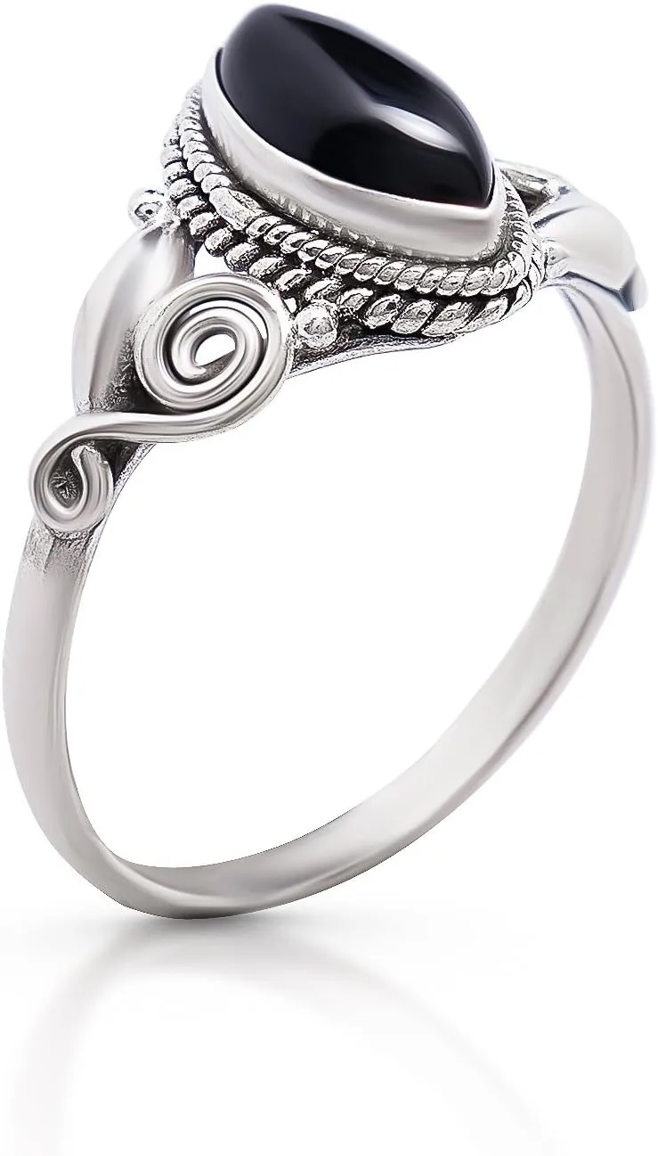 Marquise Black Onyx Spiral Side Ring- 925 Sterling Silver - Ethnic Boho Chic Hand Made Jewelry - Fashionable And Stylish For Women -Us Size 5-9