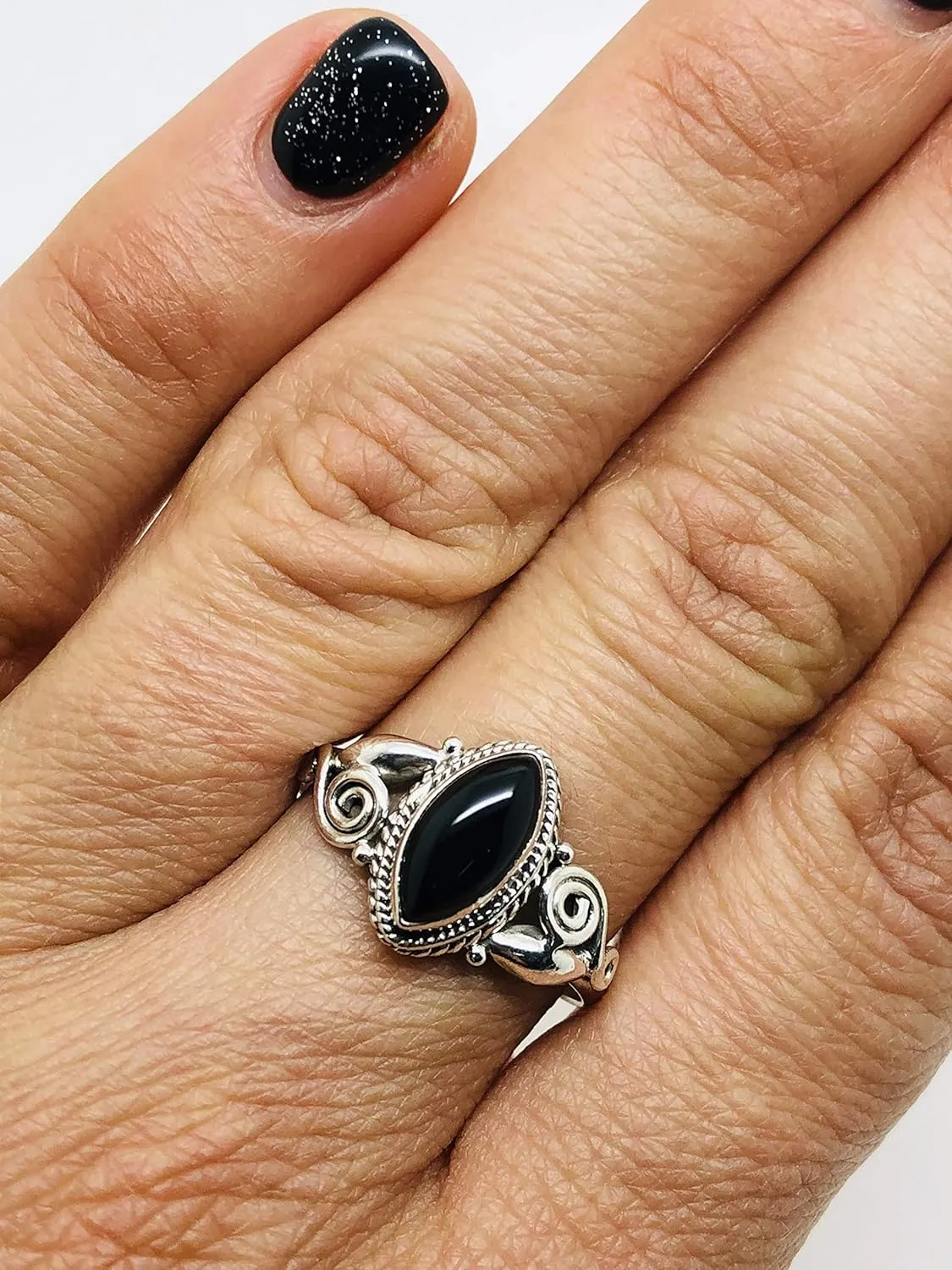 Marquise Black Onyx Spiral Side Ring- 925 Sterling Silver - Ethnic Boho Chic Hand Made Jewelry - Fashionable And Stylish For Women -Us Size 5-9