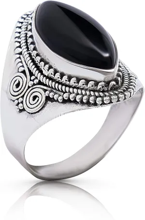 Marquise Black Onyx Spiral Side Ring- 925 Sterling Silver - Ethnic Boho Chic Hand Made Jewelry - Fashionable And Stylish For Women -Us Size 6-10