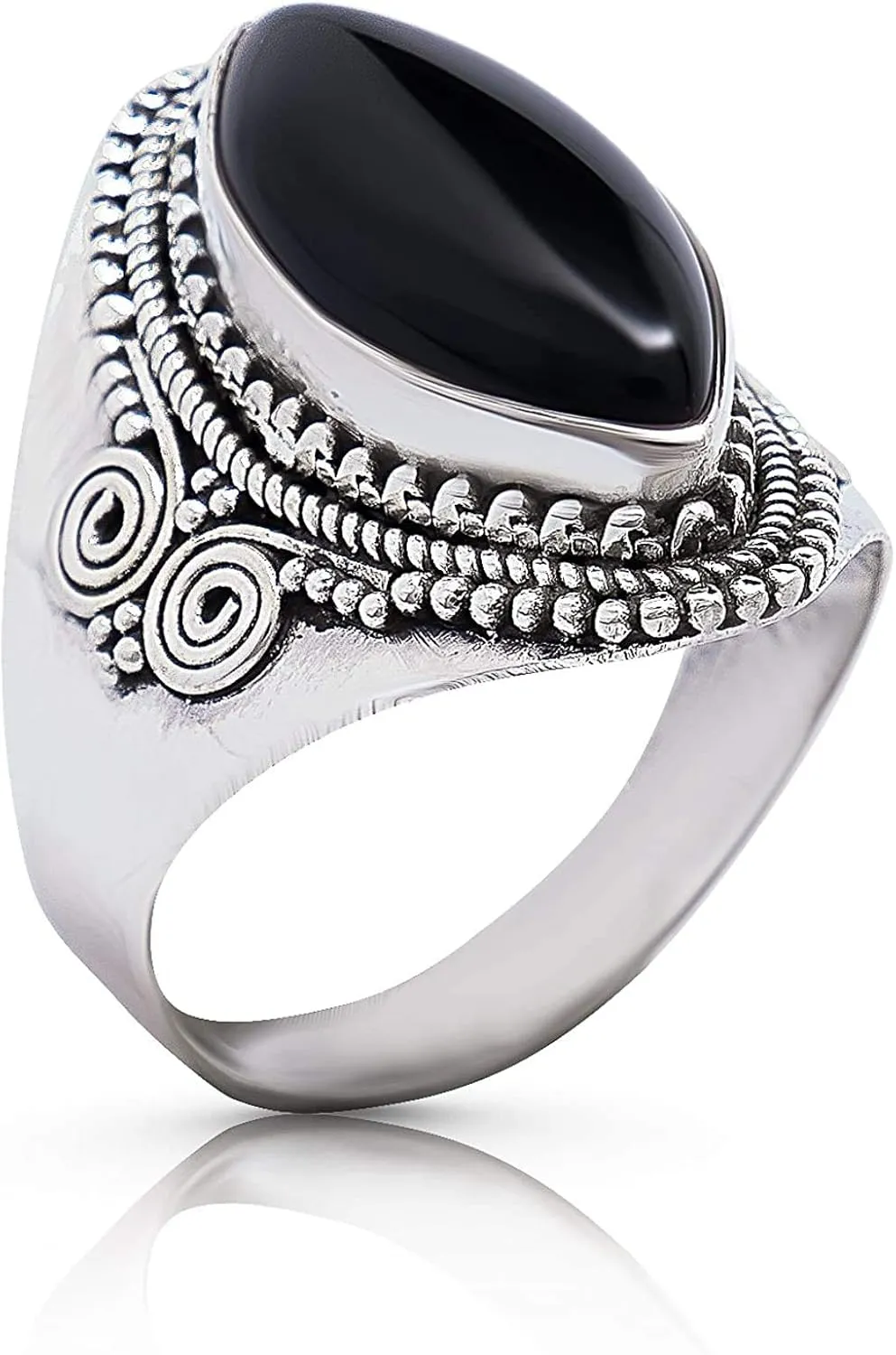 Marquise Black Onyx Spiral Side Ring- 925 Sterling Silver - Ethnic Boho Chic Hand Made Jewelry - Fashionable And Stylish For Women -Us Size 6-10
