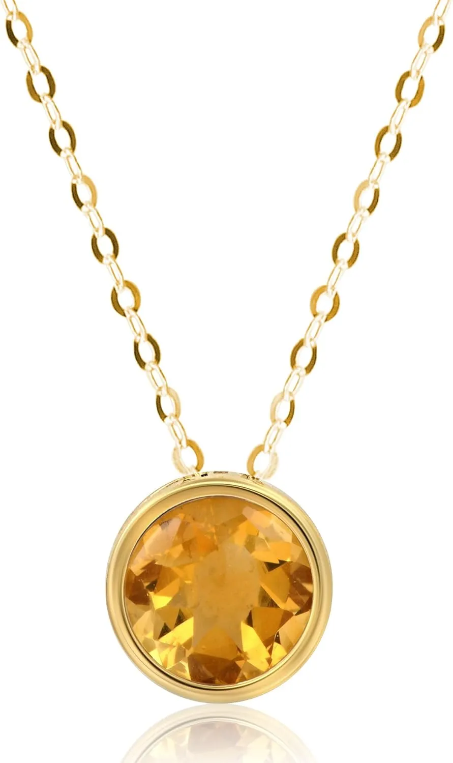 MAX   STONE 14K Gold Gemstone Pendant with 7mm Round Bezel Birthstone | Dainty Round Necklace for Women with Gold 18 Inch Cable Chain | Secure Clasp Pendants with Gift Box