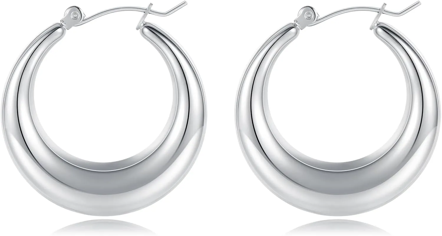 MDFUN 316L Chunky Stainless Steel Hoop Earrings, Fashionable Lightweight Hollow Open Hoops, Hypoallergenic Whtie Gold Plated Pipe Earrings for Women