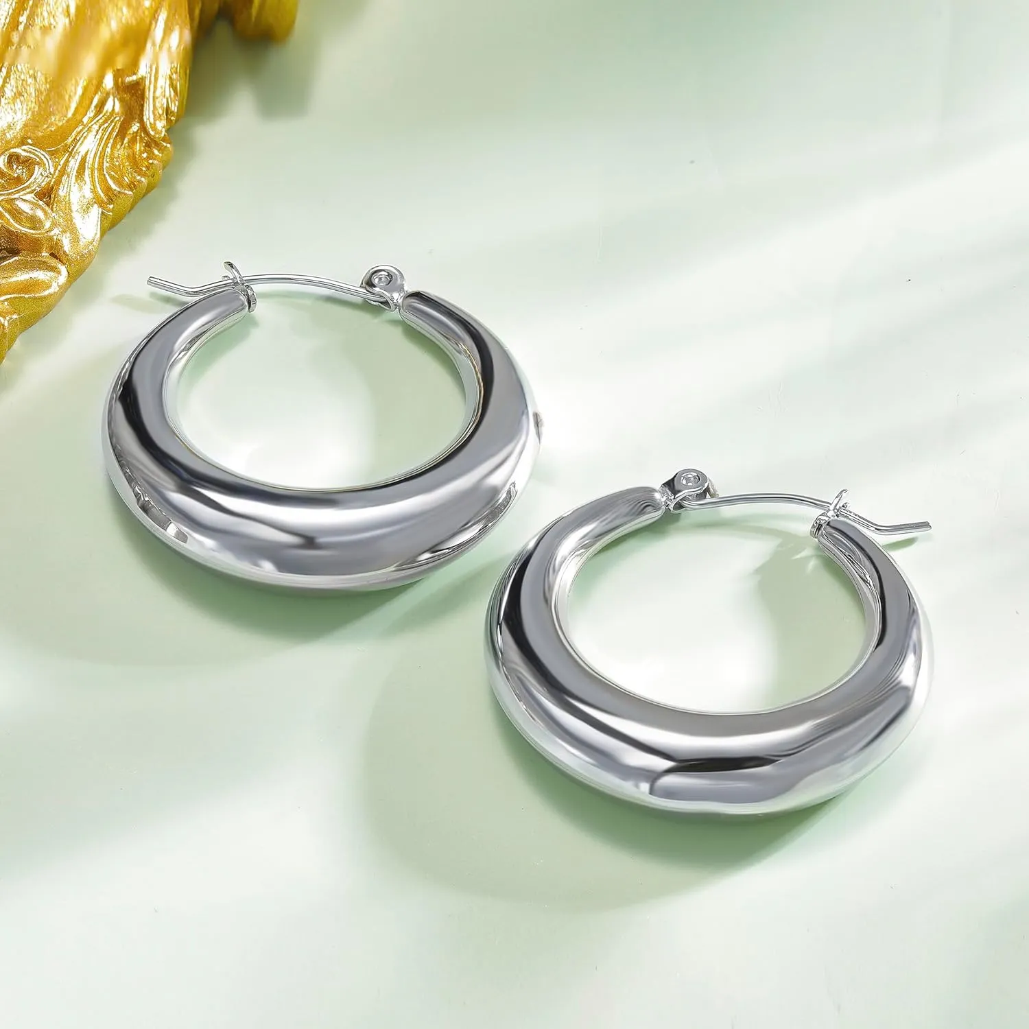 MDFUN 316L Chunky Stainless Steel Hoop Earrings, Fashionable Lightweight Hollow Open Hoops, Hypoallergenic Whtie Gold Plated Pipe Earrings for Women