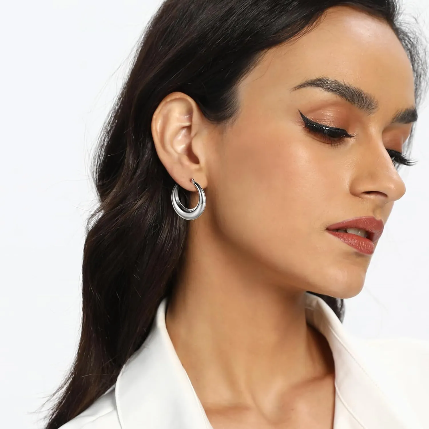 MDFUN 316L Chunky Stainless Steel Hoop Earrings, Fashionable Lightweight Hollow Open Hoops, Hypoallergenic Whtie Gold Plated Pipe Earrings for Women