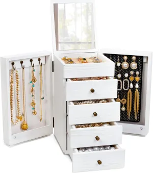 Meangood Jewelry Box Wood for Wowen, 5-Layer Large Organizer Box with Mirror & 4 Drawers for Rings, Earrings, Necklaces, White