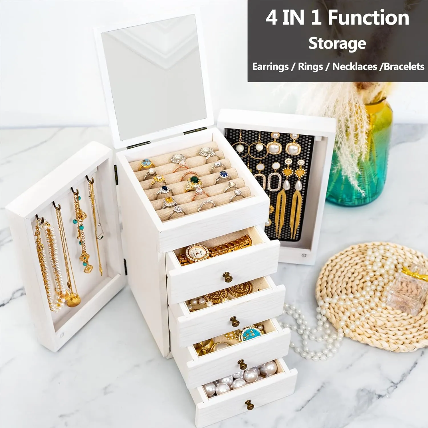 Meangood Jewelry Box Wood for Wowen, 5-Layer Large Organizer Box with Mirror & 4 Drawers for Rings, Earrings, Necklaces, White