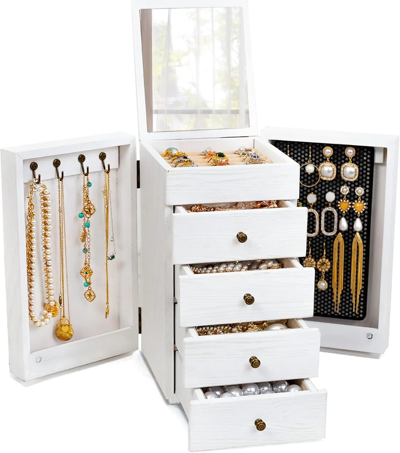 Meangood Jewelry Box Wood for Wowen, 5-Layer Large Organizer Box with Mirror & 4 Drawers for Rings, Earrings, Necklaces, White