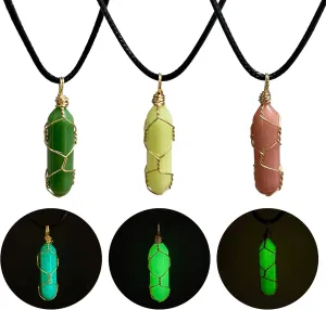 Memujpsun 3pcs Glow in The Dark Pendant for DIY Necklace,Fluorescent Crystal Hexagonal Bullet Shape Gemstone Pendant, 19.68 inch Cord (Hexagonal Bullet Shape E)