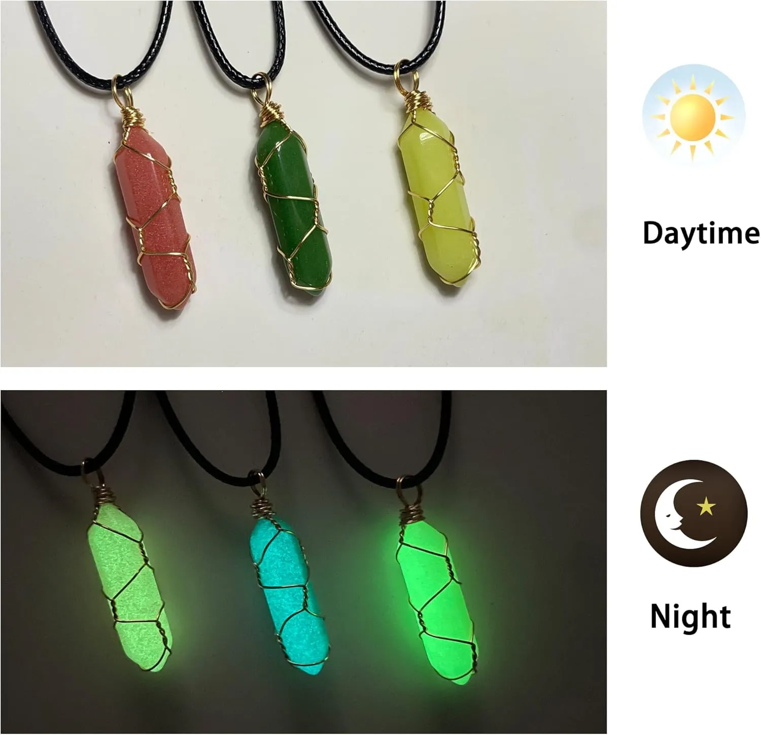 Memujpsun 3pcs Glow in The Dark Pendant for DIY Necklace,Fluorescent Crystal Hexagonal Bullet Shape Gemstone Pendant, 19.68 inch Cord (Hexagonal Bullet Shape E)