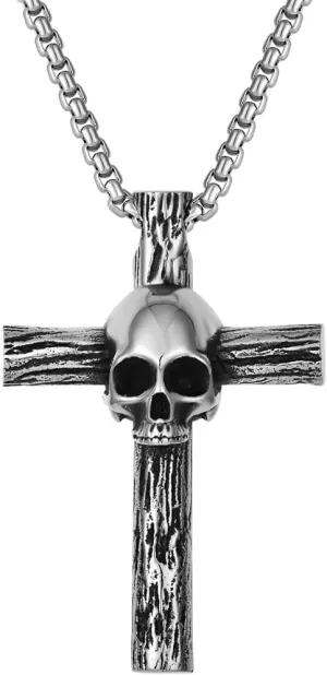 Mens Cross Skull Necklace Stainless Steel Vintage Punk Cross Pendant Necklaces for Men Halloween Memento Skull Jewelry Gift