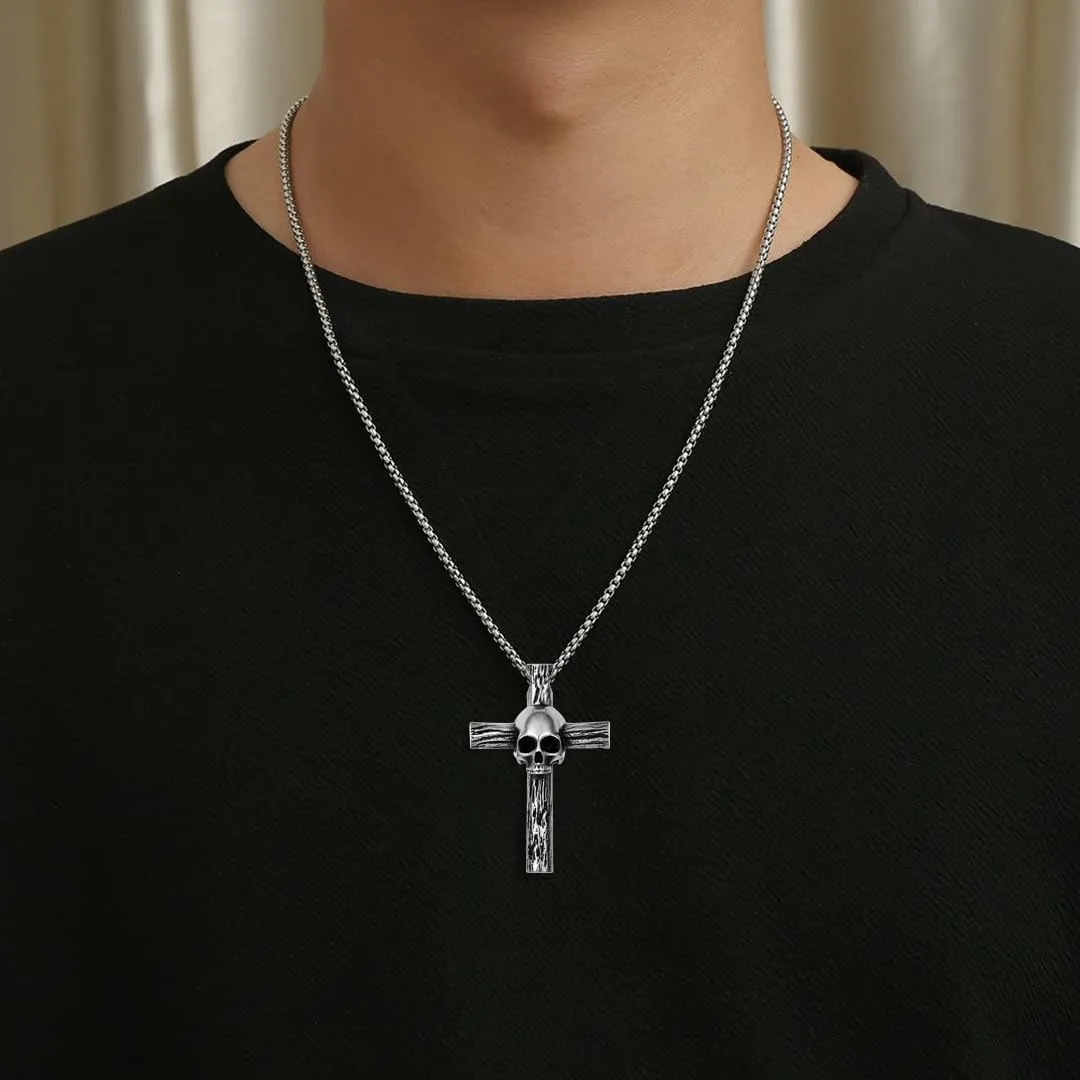 Mens Cross Skull Necklace Stainless Steel Vintage Punk Cross Pendant Necklaces for Men Halloween Memento Skull Jewelry Gift
