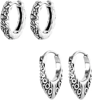 Mens Tribal Hoop Earrings  Stainless Steel 10mm Boho Viking Ethnic Gothic Minimalist Hinged Hoop Earrings for Men, Set of 2 Pairs with Gift Box