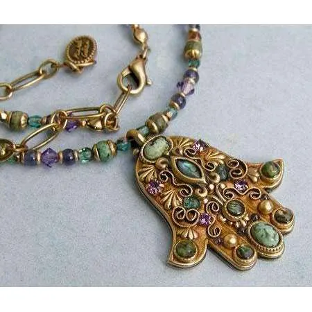 Michal Golan African Turquoise, Abalone and Amethyst Hamsa Necklace