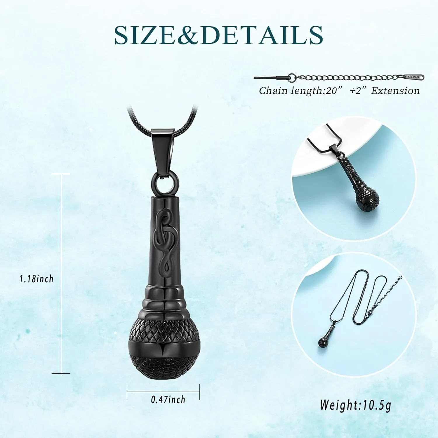 Microphone Urn Necklaces for Ashes Music Cremation Jewelry for Women Men Stainless Steel Memorial Necklace Ash Holder for Human Pets Keepsake Jewelry for Music Lover Ashes with Fill Tool