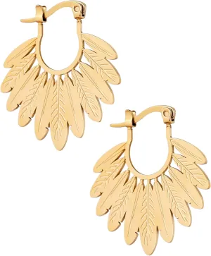 MINACHI Bohemian Gold Plated Stainless Steel Feather Hoop Earrings, Boho Chic Leaf Dangle Earrings, Jewelry Gift for Women