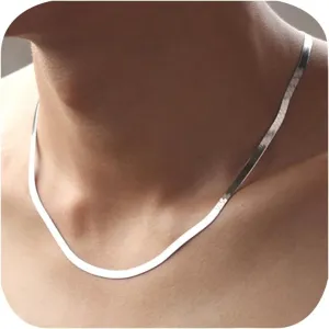 Minimalist 4MM Flat Snake Bone Chain Vintage Flat Chain Necklace Flexible 925 Sterling Silver Herringbone Flat Snake Magic Chain Necklace for Men Women Short Collarbone Blade Chain 18 inches
