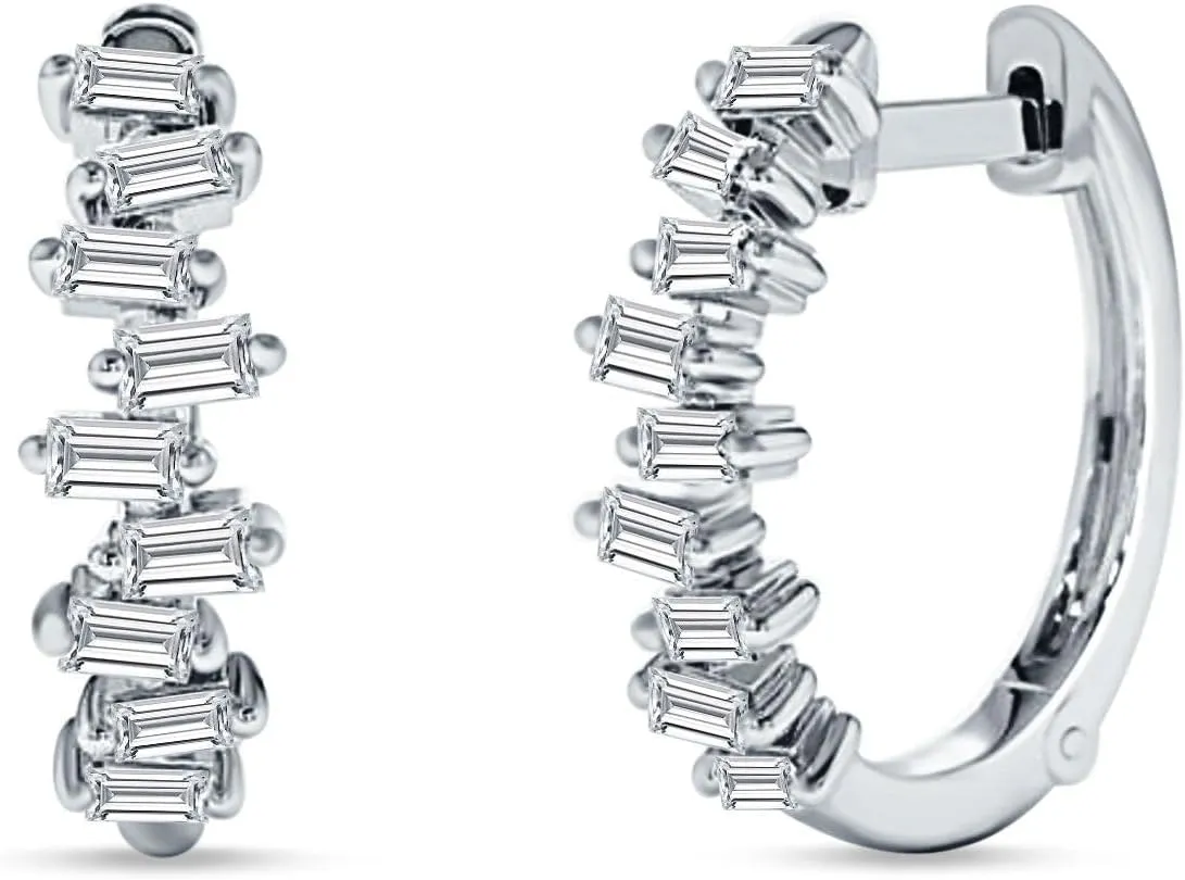 Minimalist Baguette Zig Zag Cluster Hinged Huggie Hoop Earring Cubic Zirconia Solid 925 Sterling Silver