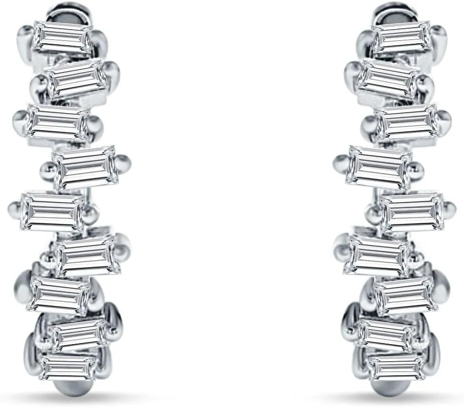Minimalist Baguette Zig Zag Cluster Hinged Huggie Hoop Earring Cubic Zirconia Solid 925 Sterling Silver