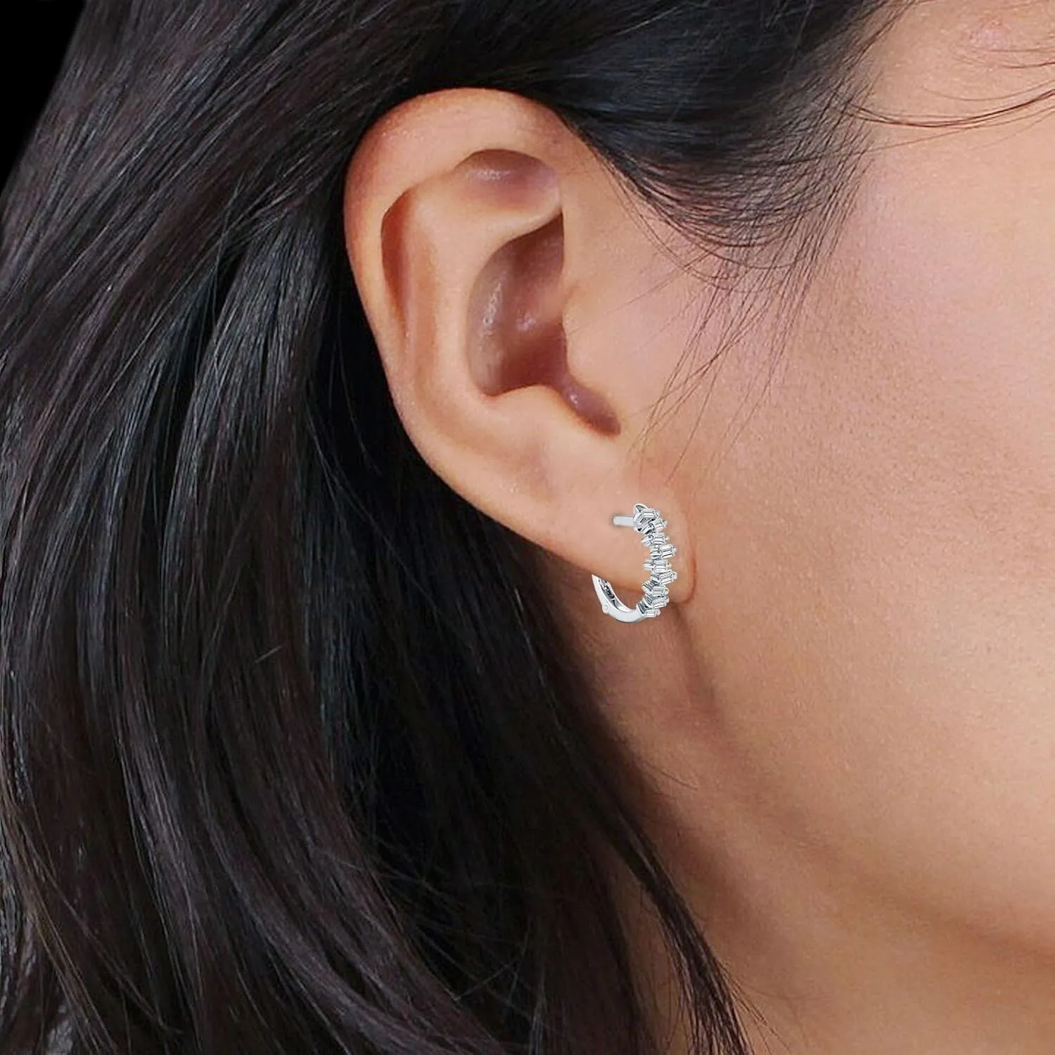 Minimalist Baguette Zig Zag Cluster Hinged Huggie Hoop Earring Cubic Zirconia Solid 925 Sterling Silver