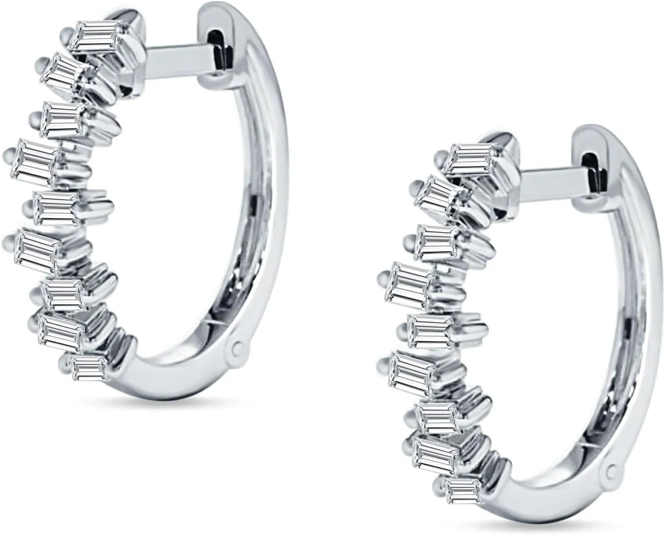 Minimalist Baguette Zig Zag Cluster Hinged Huggie Hoop Earring Cubic Zirconia Solid 925 Sterling Silver