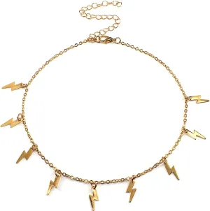 Minimalist Lightning Star Tassel Bolt Layered Pendant Chain Choker Necklace Handmade Adjustable Punk Cool Simple Delicate Clavicle Jewelry for Women Teens