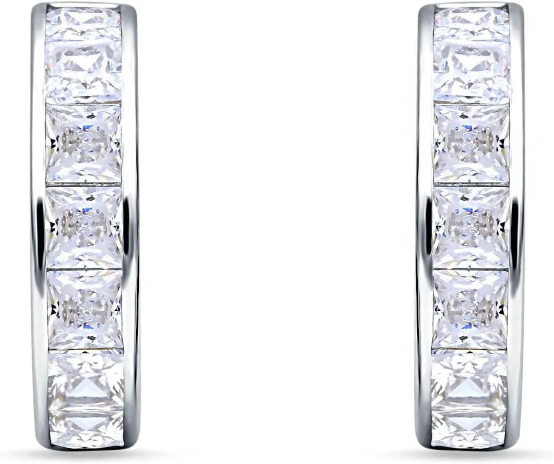 Minimalist Princess Cut Channel Set Hinged Huggie Hoop Earrings Cubic Zirconia 925 Sterling Silver
