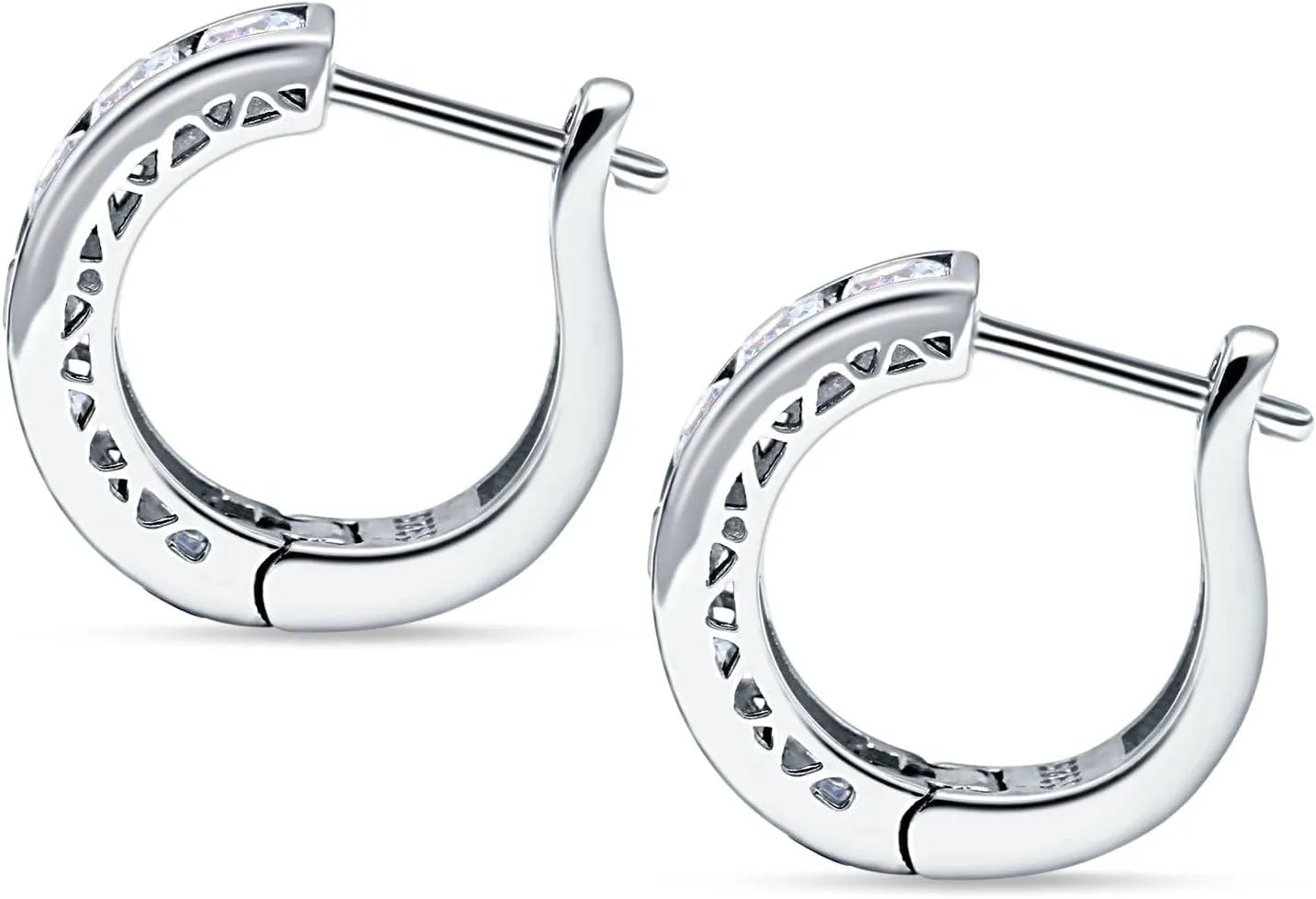 Minimalist Princess Cut Channel Set Hinged Huggie Hoop Earrings Cubic Zirconia 925 Sterling Silver