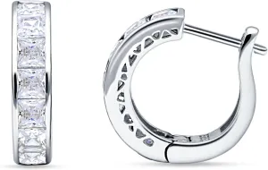 Minimalist Princess Cut Channel Set Hinged Huggie Hoop Earrings Cubic Zirconia 925 Sterling Silver