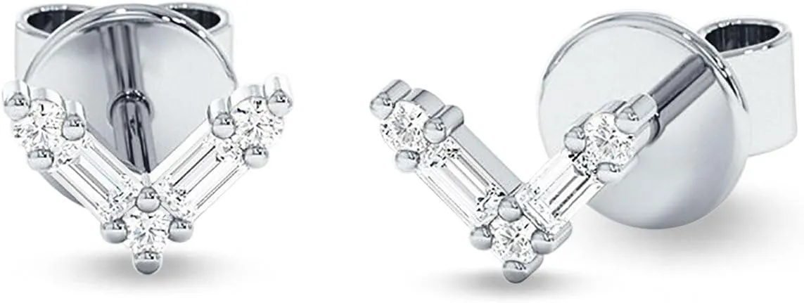 Minimalist V Shaped Chevron 6mm Stud Earring Fashion Baguette & Round Cubic Zirconia Push Back Solid 925 Sterling Silver