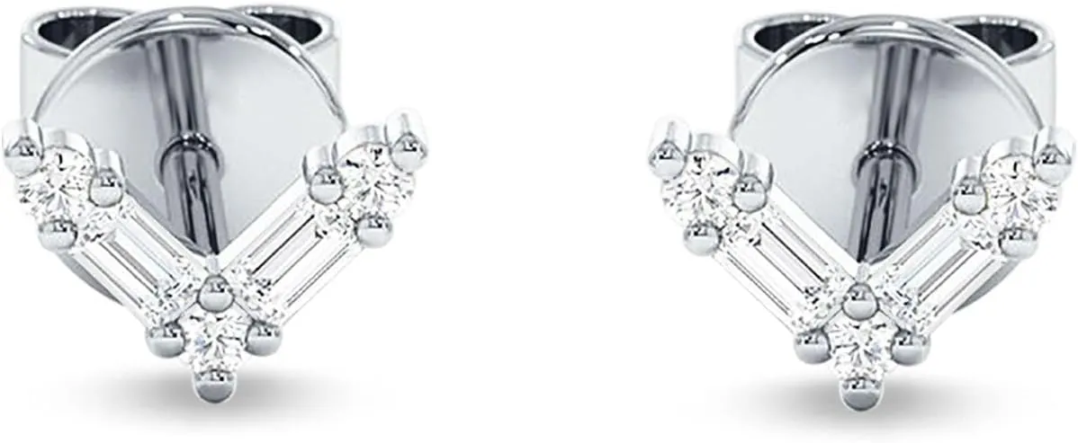 Minimalist V Shaped Chevron 6mm Stud Earring Fashion Baguette & Round Cubic Zirconia Push Back Solid 925 Sterling Silver