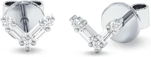 Minimalist V Shaped Chevron 6mm Stud Earring Fashion Baguette & Round Cubic Zirconia Push Back Solid 925 Sterling Silver