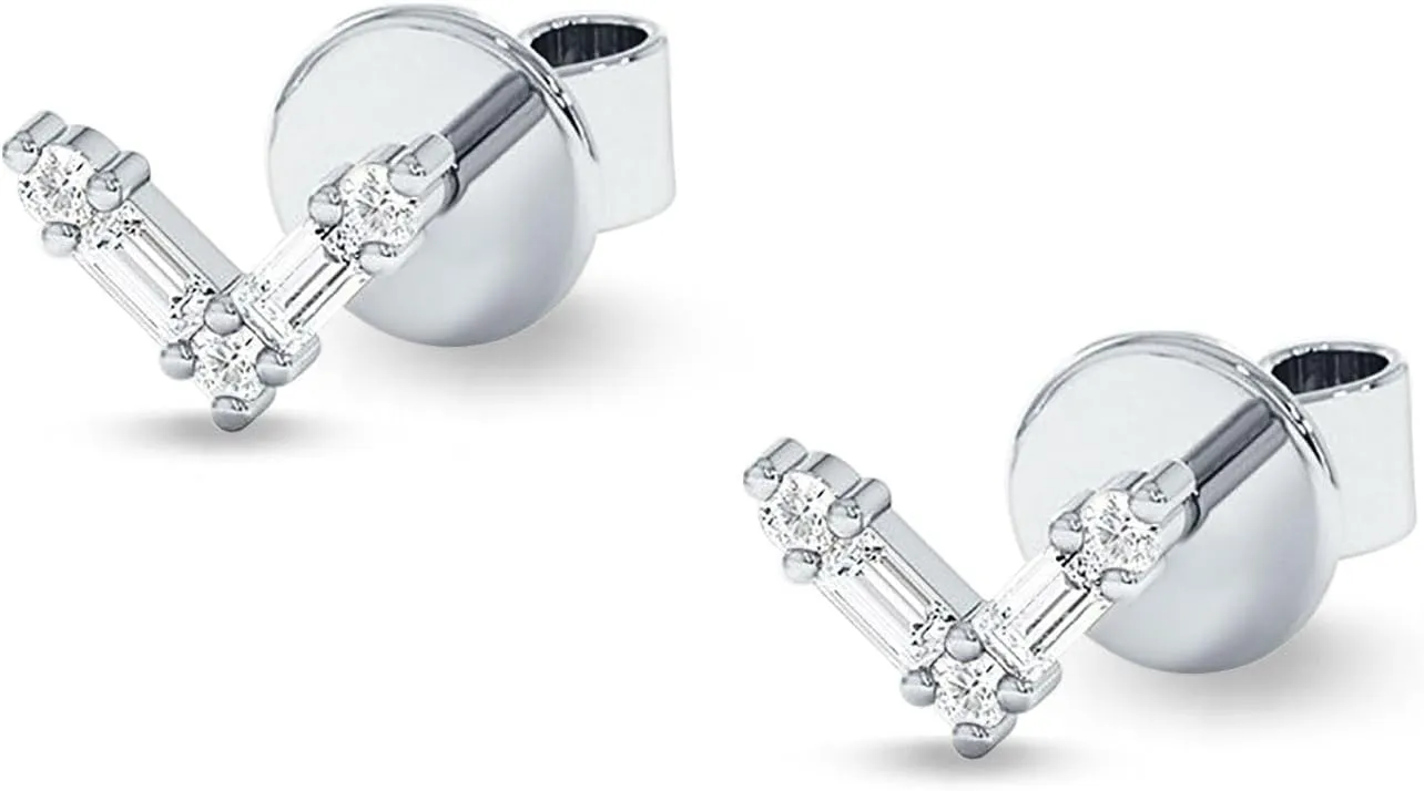 Minimalist V Shaped Chevron 6mm Stud Earring Fashion Baguette & Round Cubic Zirconia Push Back Solid 925 Sterling Silver