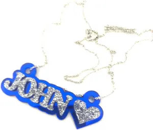MIRROR MANIA Personalized Name Plate Custom Name Necklace Nameplate Name Laser Cut, Diamond Look, Silver and Choice Color Background, Made To Order Any Name - Dazzling and Stunning!