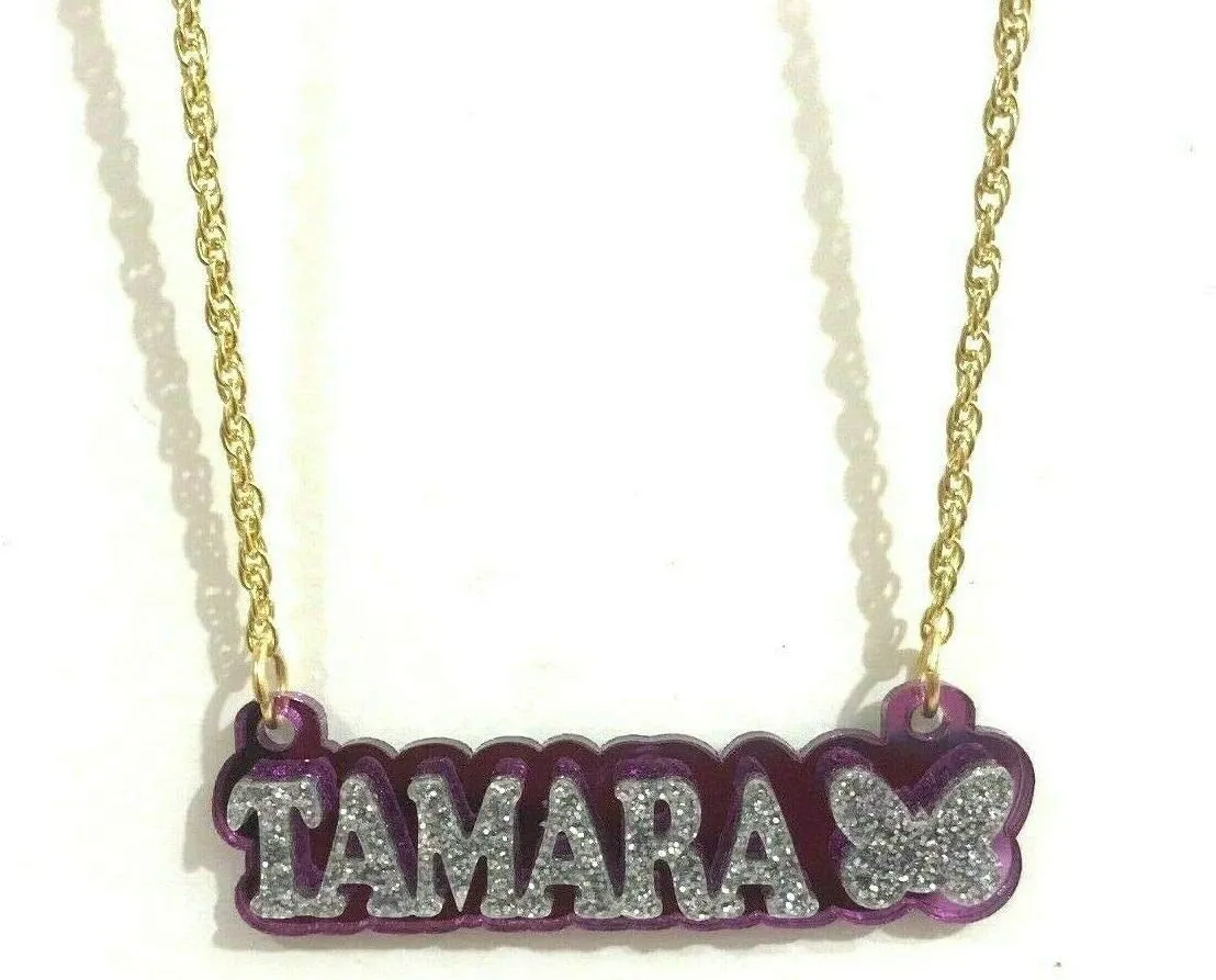 MIRROR MANIA Personalized Name Plate Custom Necklace Nameplate Name Laser Cut With Design, Diamond Look, Silver, Made To Order Any Name - Dazzling and Stunning!