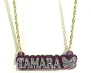 MIRROR MANIA Personalized Name Plate Custom Necklace Nameplate Name Laser Cut With Design, Diamond Look, Silver, Made To Order Any Name - Dazzling and Stunning!