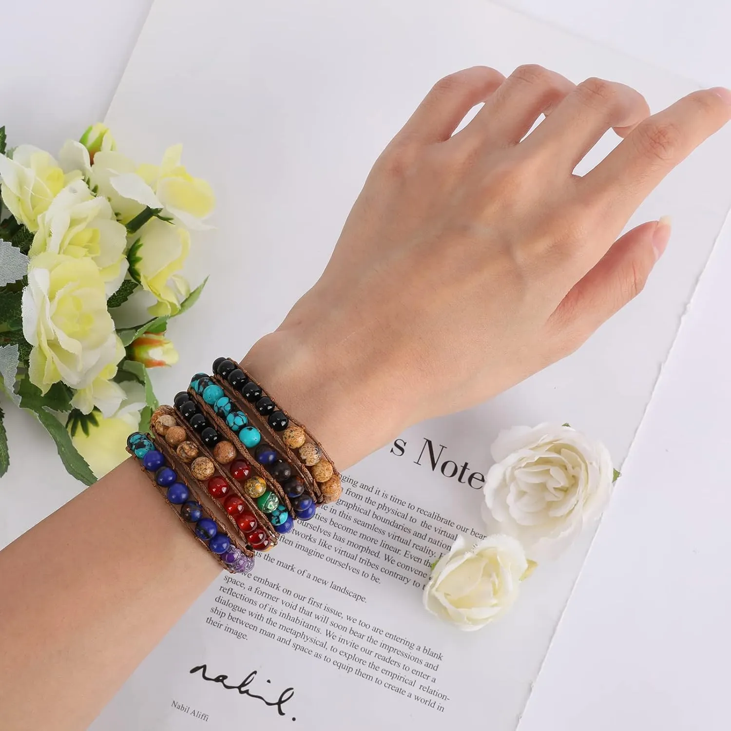 Miss Rabbit Boho Layered Leather Handmade Bracelet, Natural Stone Beaded 5 Wrap Bracelets for Women Blue Turquoise Beads Bohemian Bracelet Jewelry